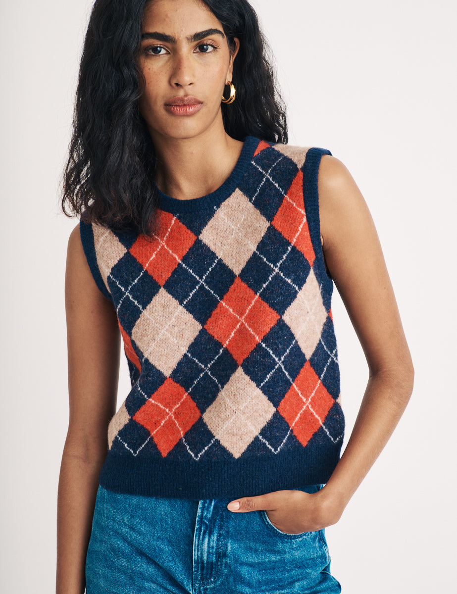 Navy Argyle Wool Knitted Vest