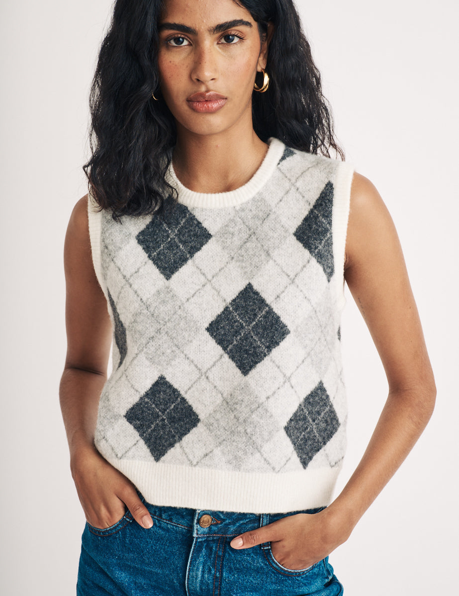 Grey Argyle Wool Knitted Vest