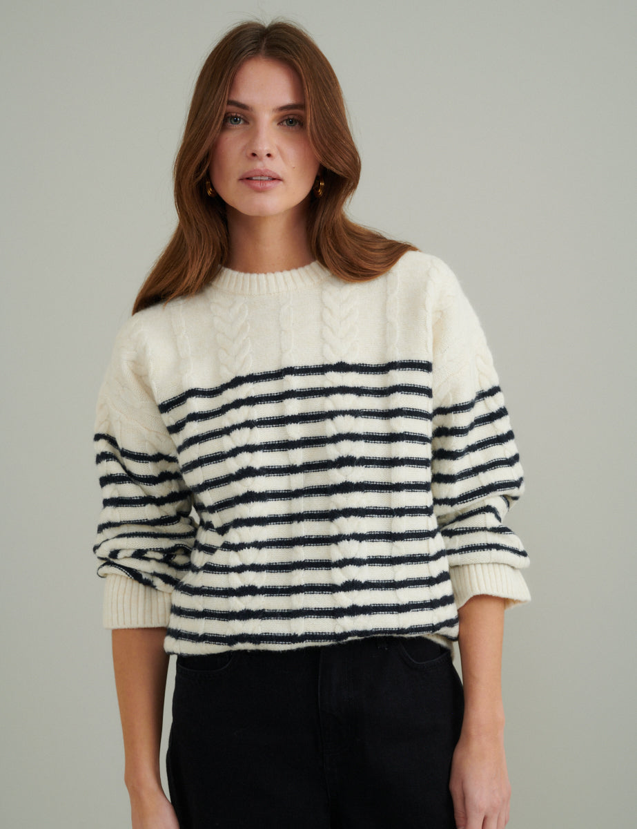 Cream and Black Striped Cable Knitted Jumper