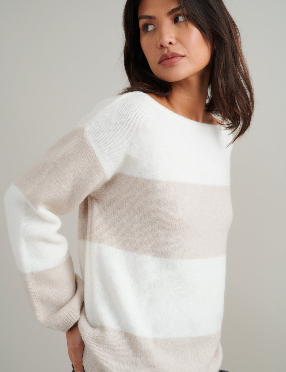 White And Beige Chunky Striped Knitted Jumper