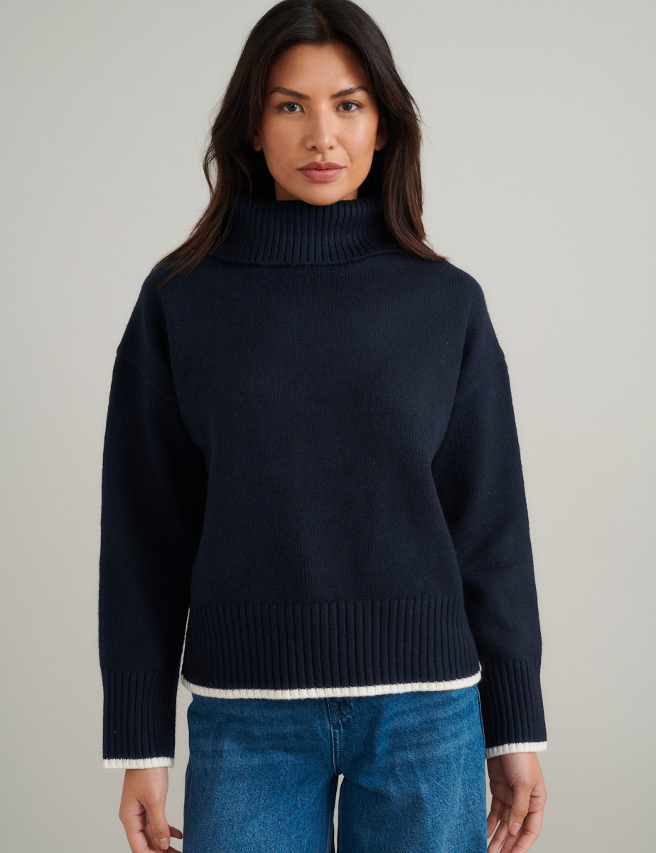 Navy Roll Neck Knitted Jumper