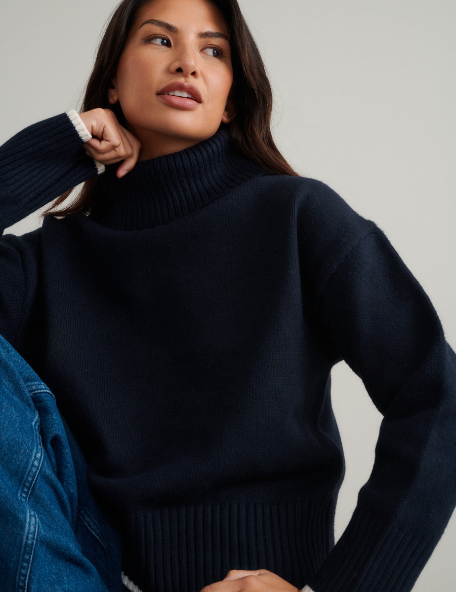 Navy Roll Neck Knitted Jumper