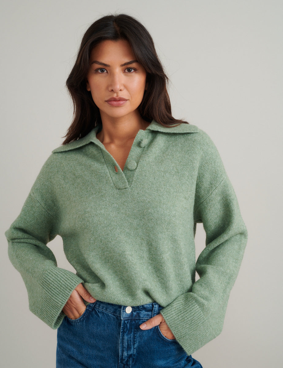 Green Chunky Knitted Polo Jumper