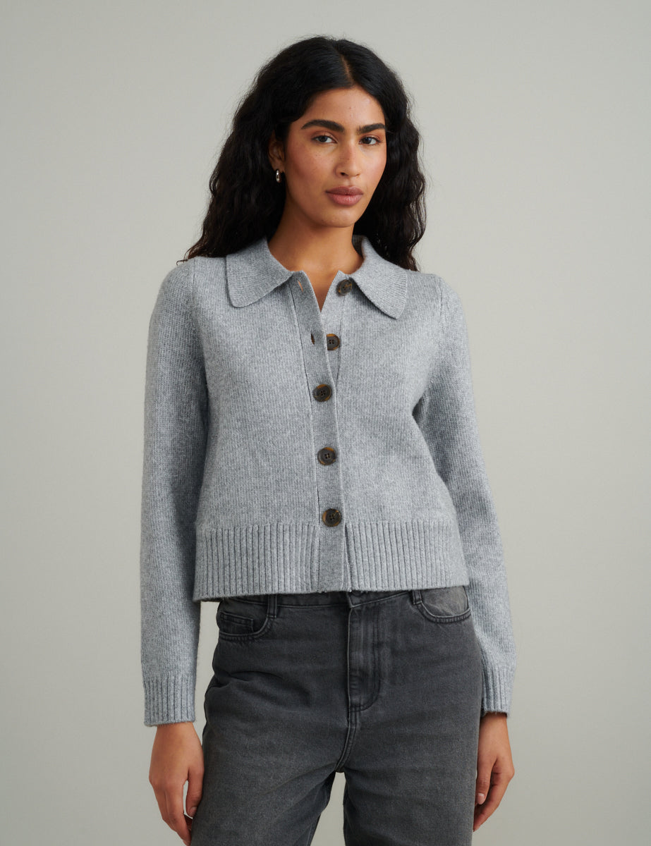 Grey Collar Knitted Cardigan