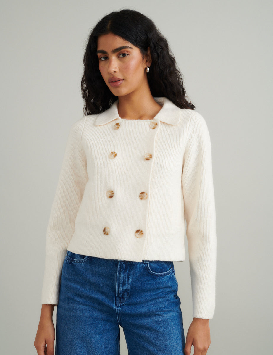 Cream Double Breasted Collar Cardigan