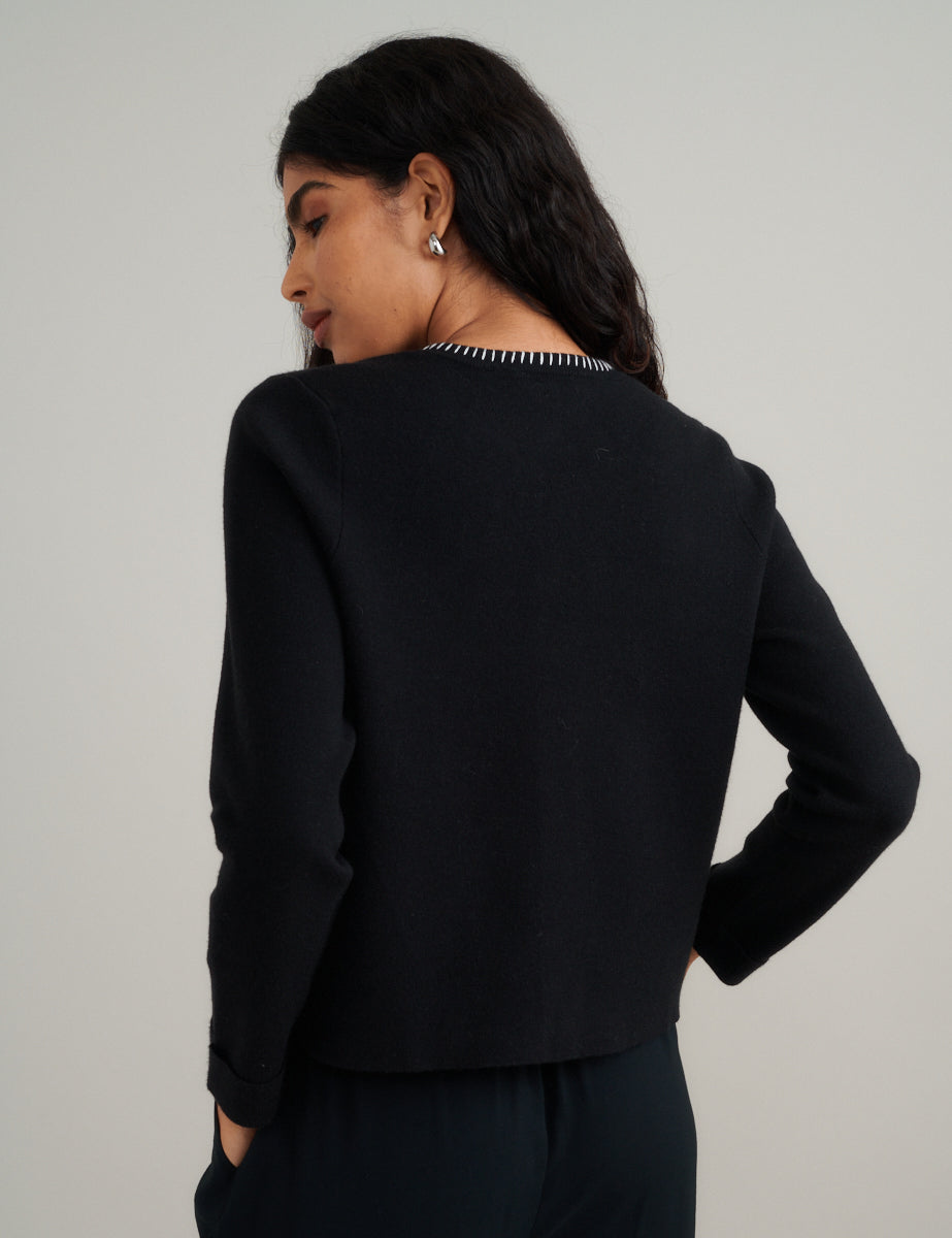 Black Blanket Stitch Crew Neck Cardigan