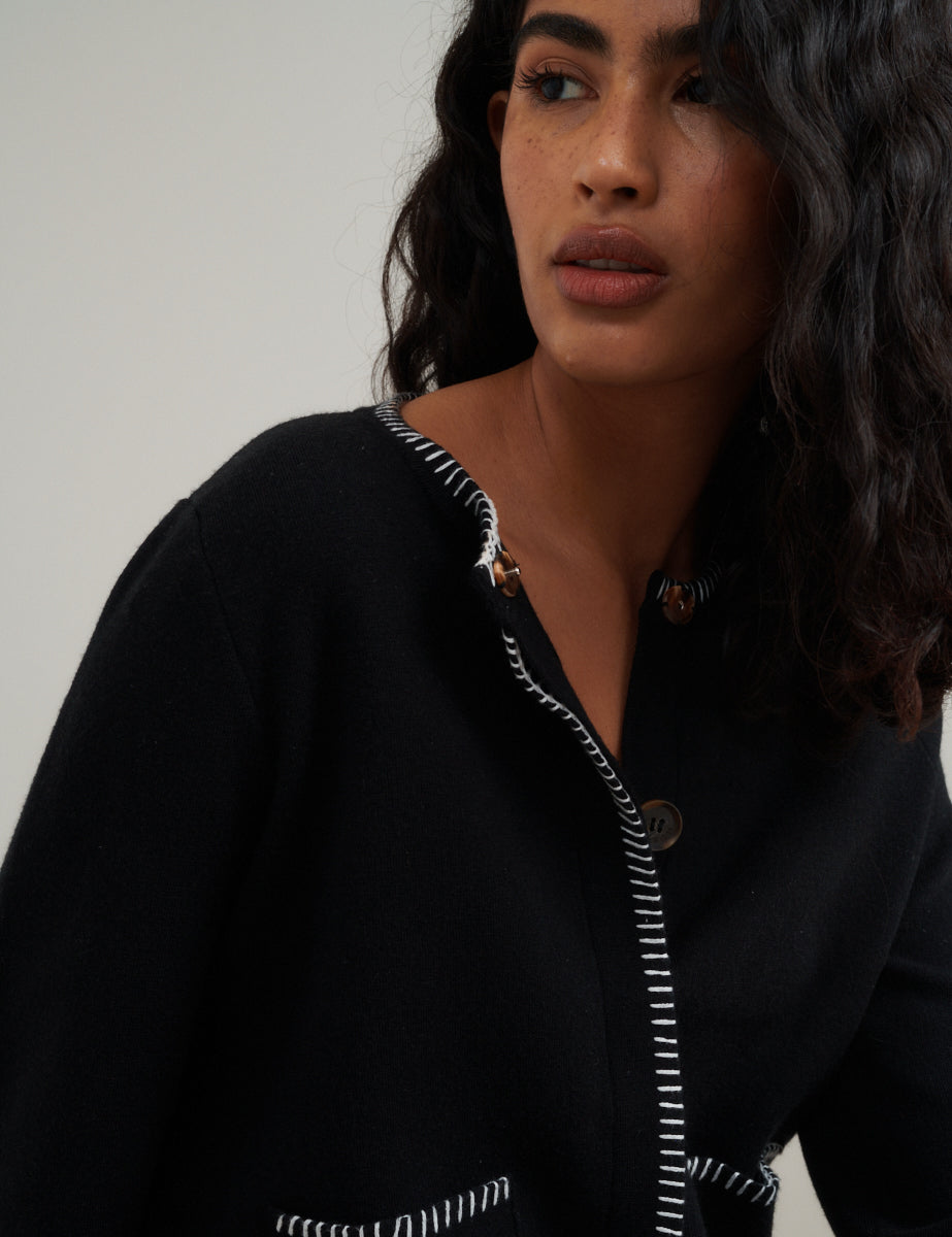 Black Blanket Stitch Crew Neck Cardigan