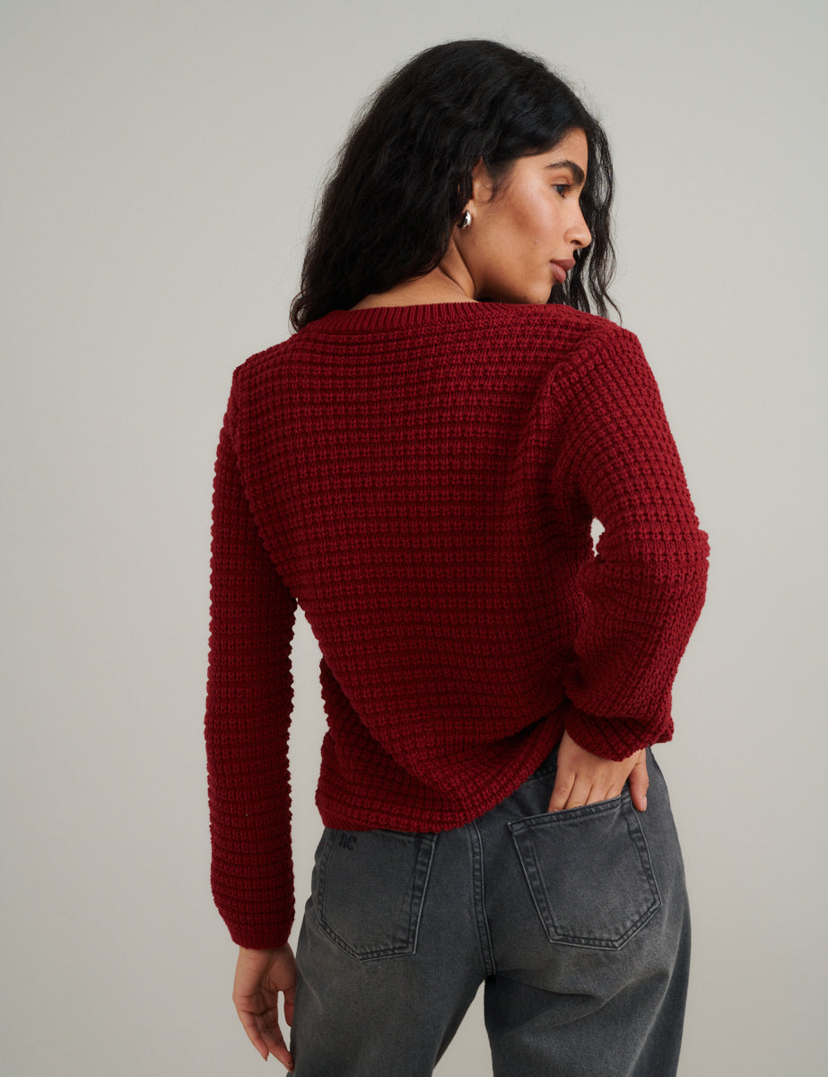 Burgundy Textured Knitted Cardigan