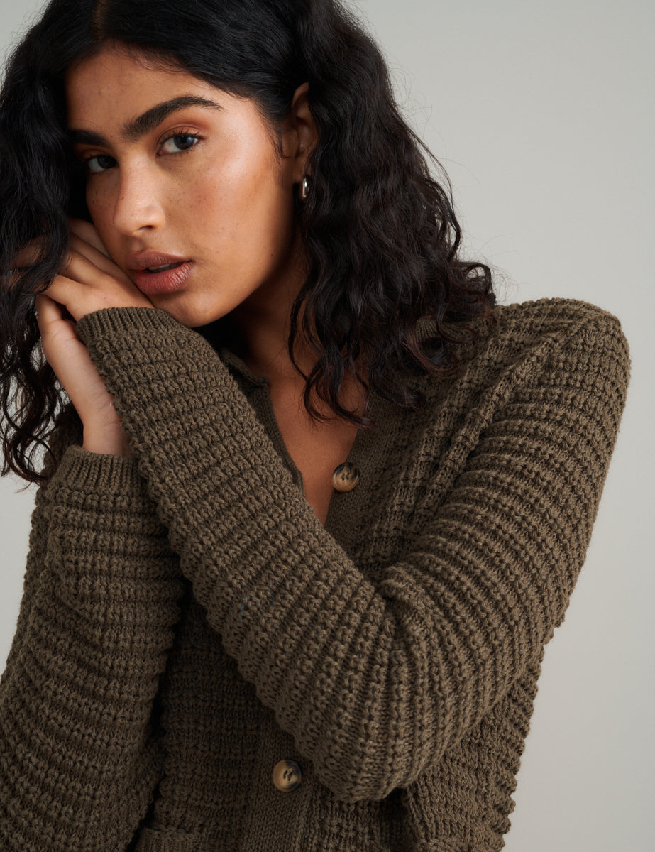 Khaki Textured Knitted Cardigan