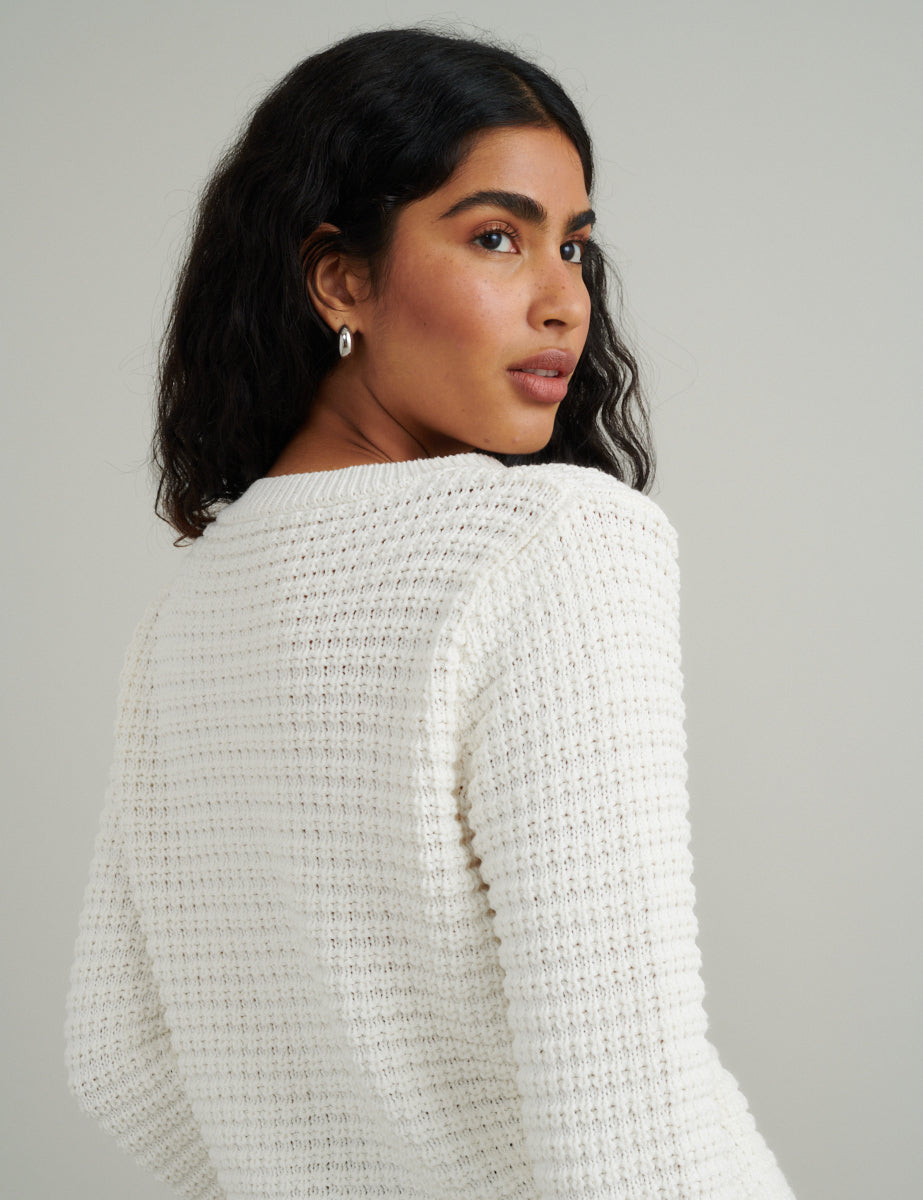 White Textured Knitted Cardigan