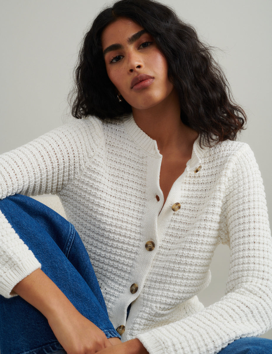 White Textured Knitted Cardigan