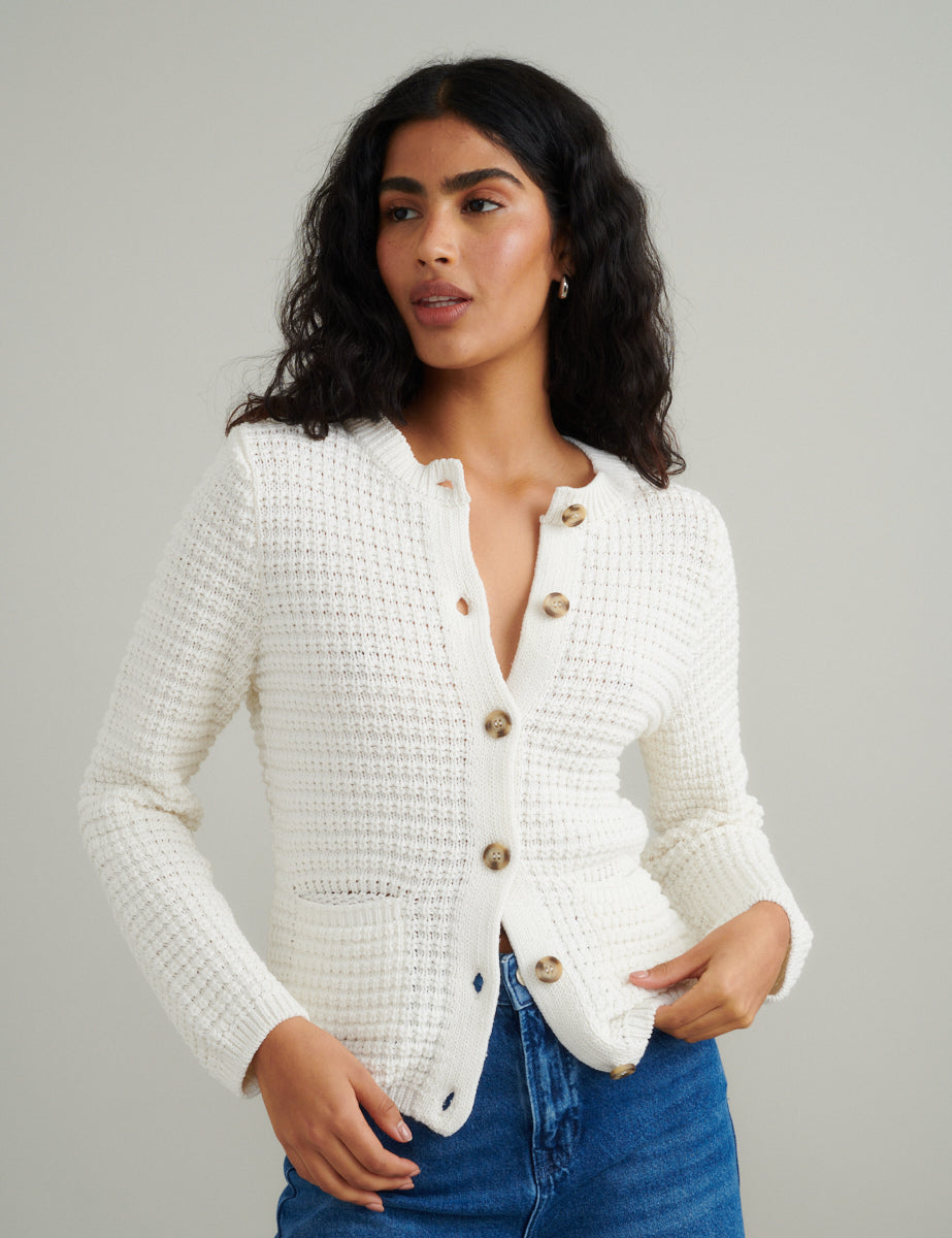 Ivory Textured Knitted Cardigan