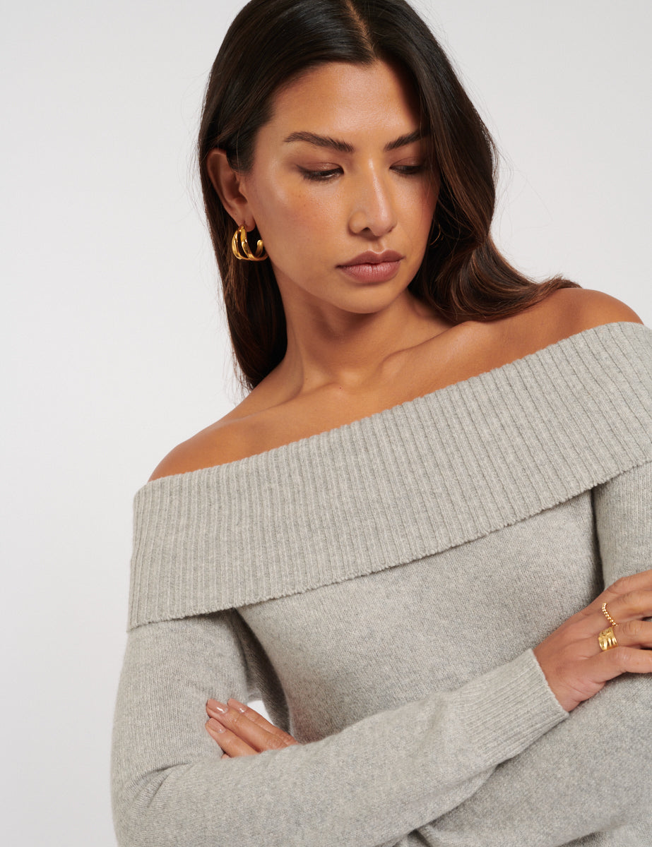 Grey Knitted Bardot Jumper