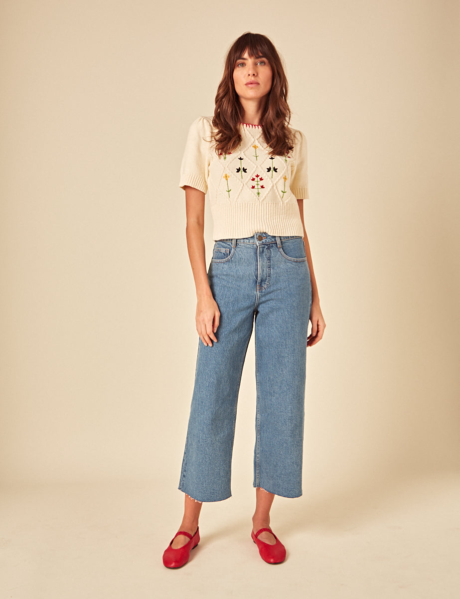 Cream Floral Embroidered Knitted T-Shirt