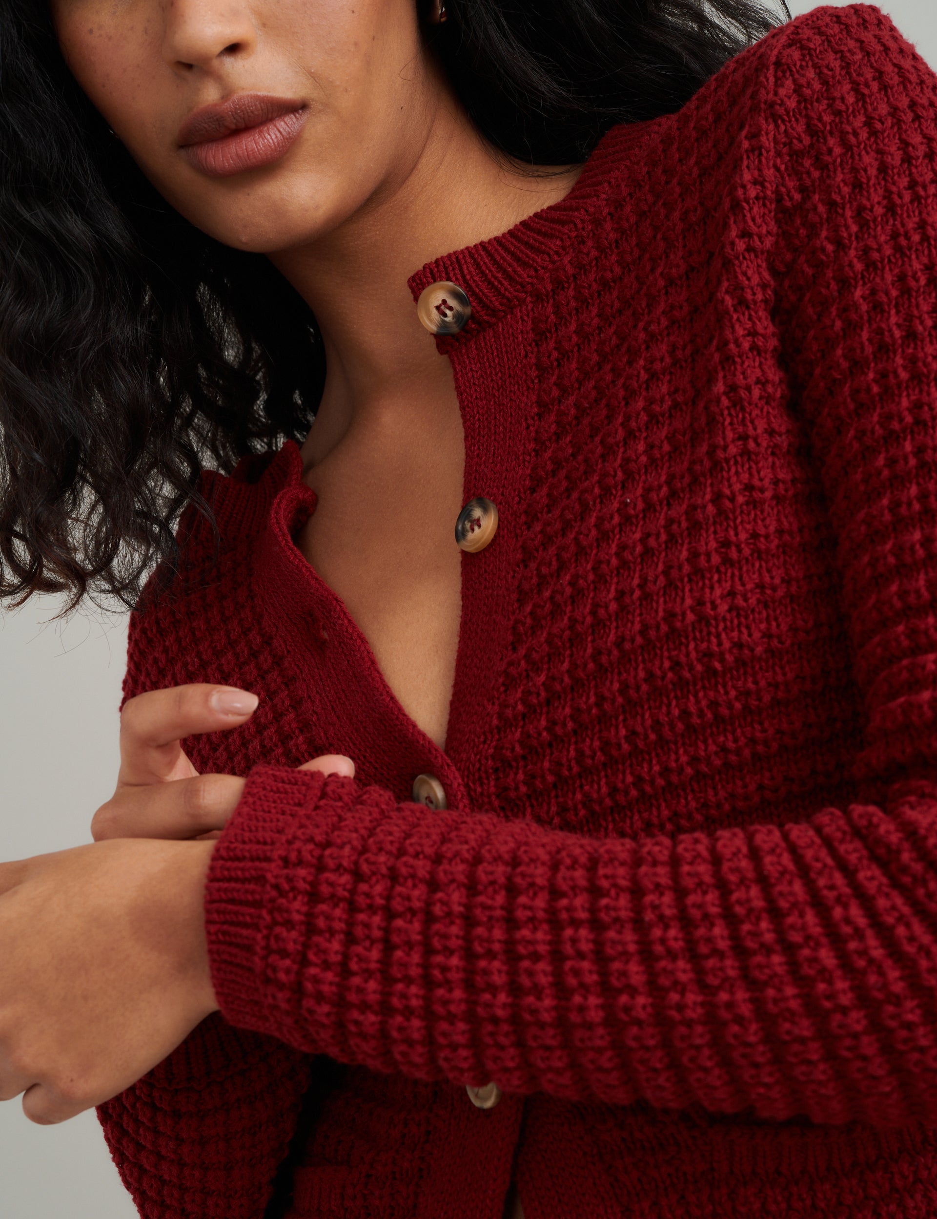 Burgundy Textured Knitted Cardigan