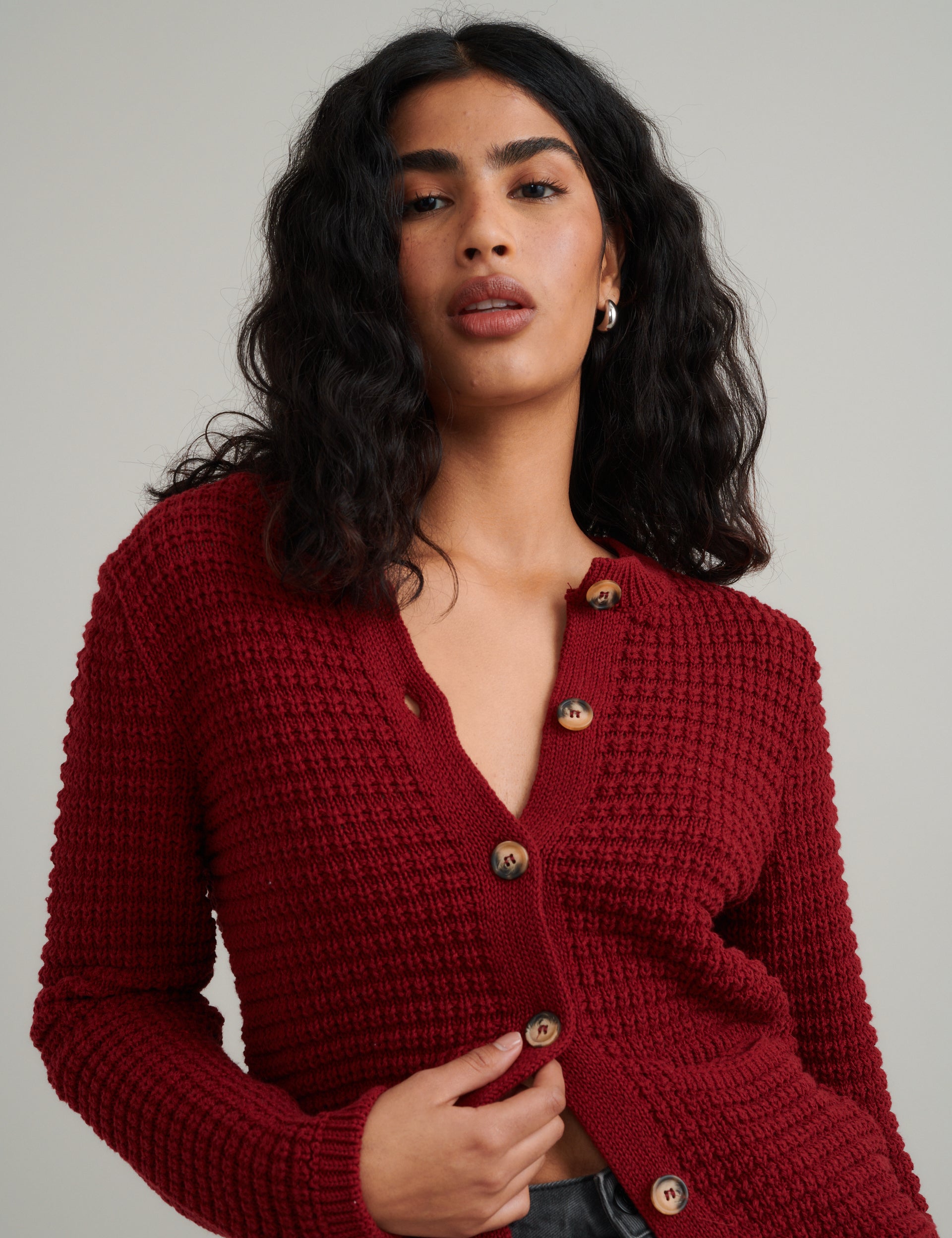 Burgundy Textured Knitted Cardigan