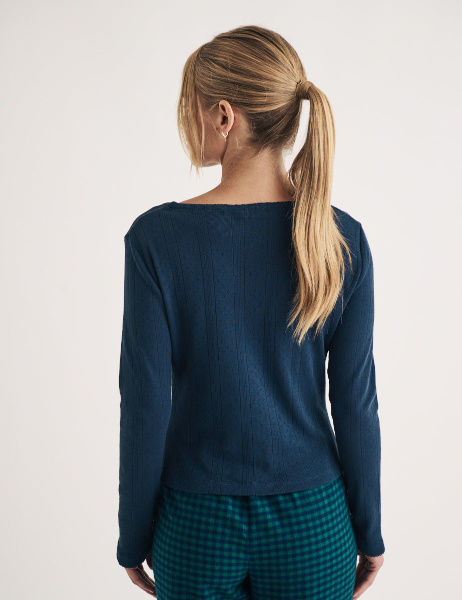 Blue Pointelle Long Sleeve Pyjama Top