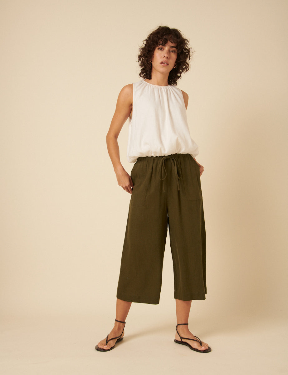 Khaki Linen-blend Cropped Shona Trousers