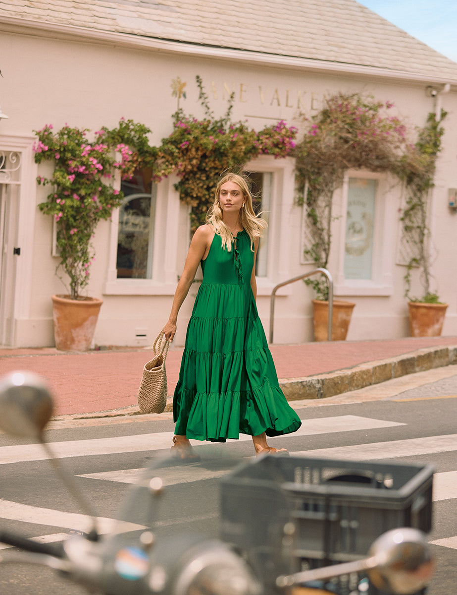 Green Tie-Front Tiered Eileen Midi Dress