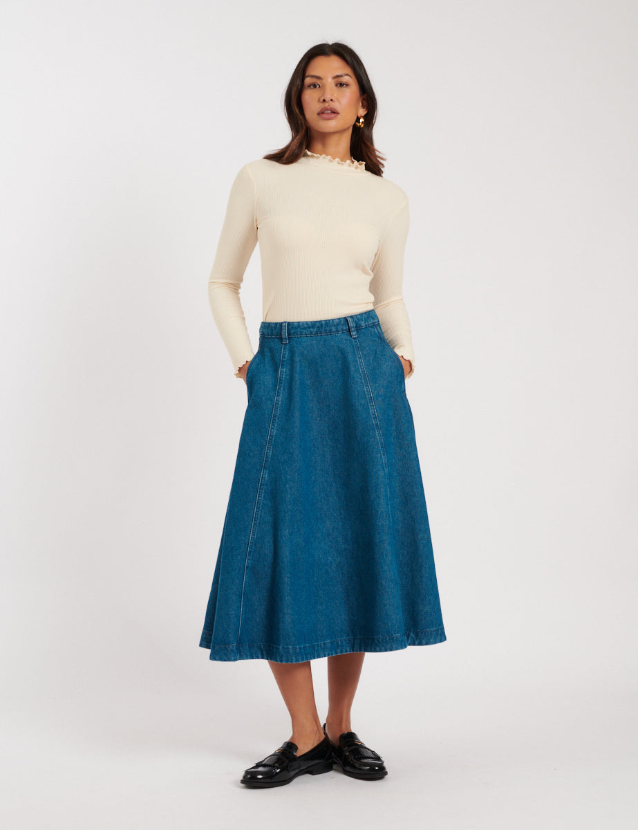 Mid Wash Denim A-line Midi Skirt