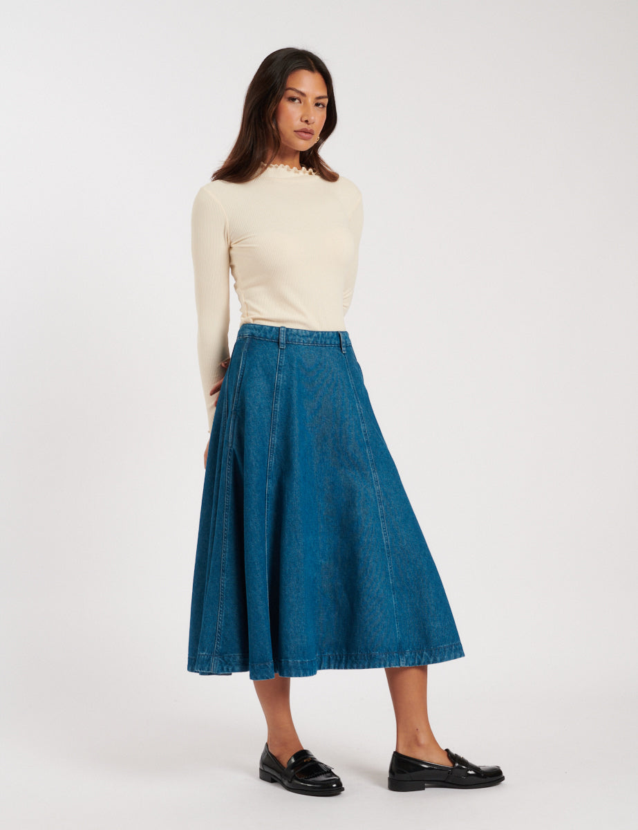 Mid Wash Denim A-line Midi Skirt