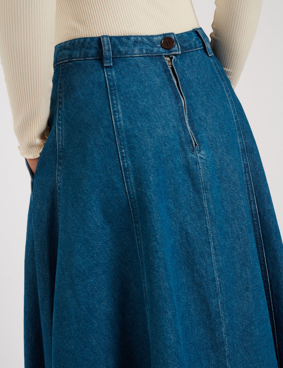 Mid Wash Denim A-line Midi Skirt