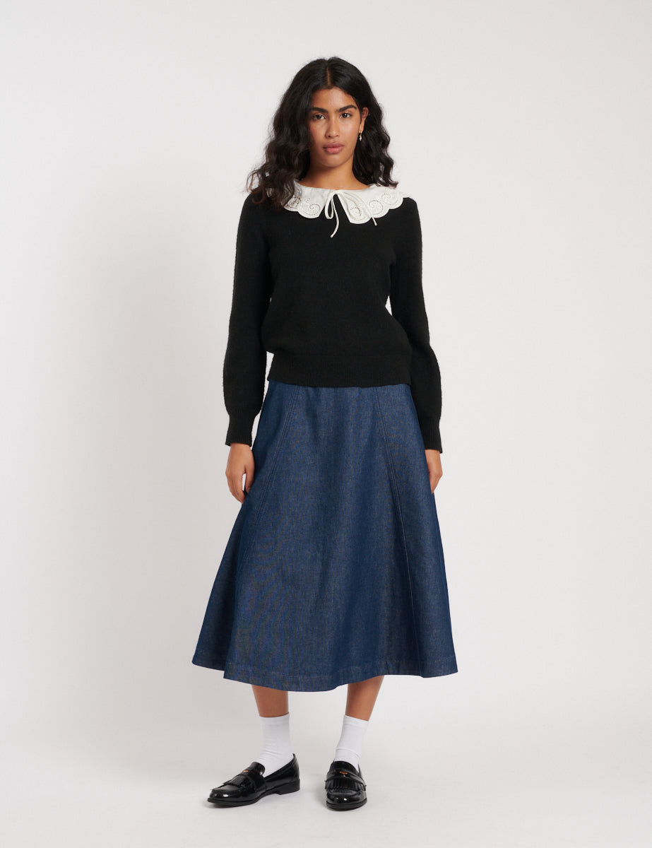 Dark Wash Denim A-line Midi Skirt