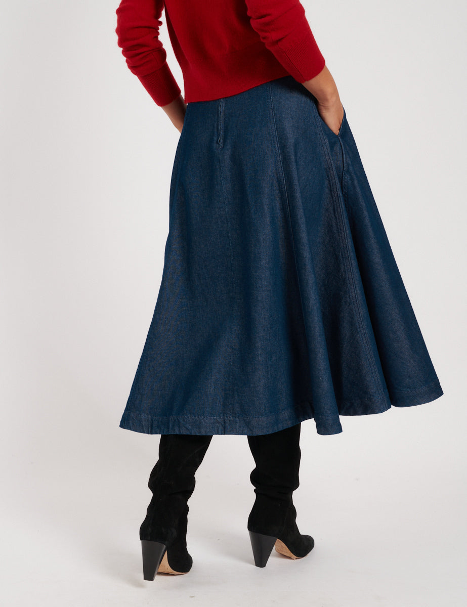 Dark Wash Denim A-line Midi Skirt