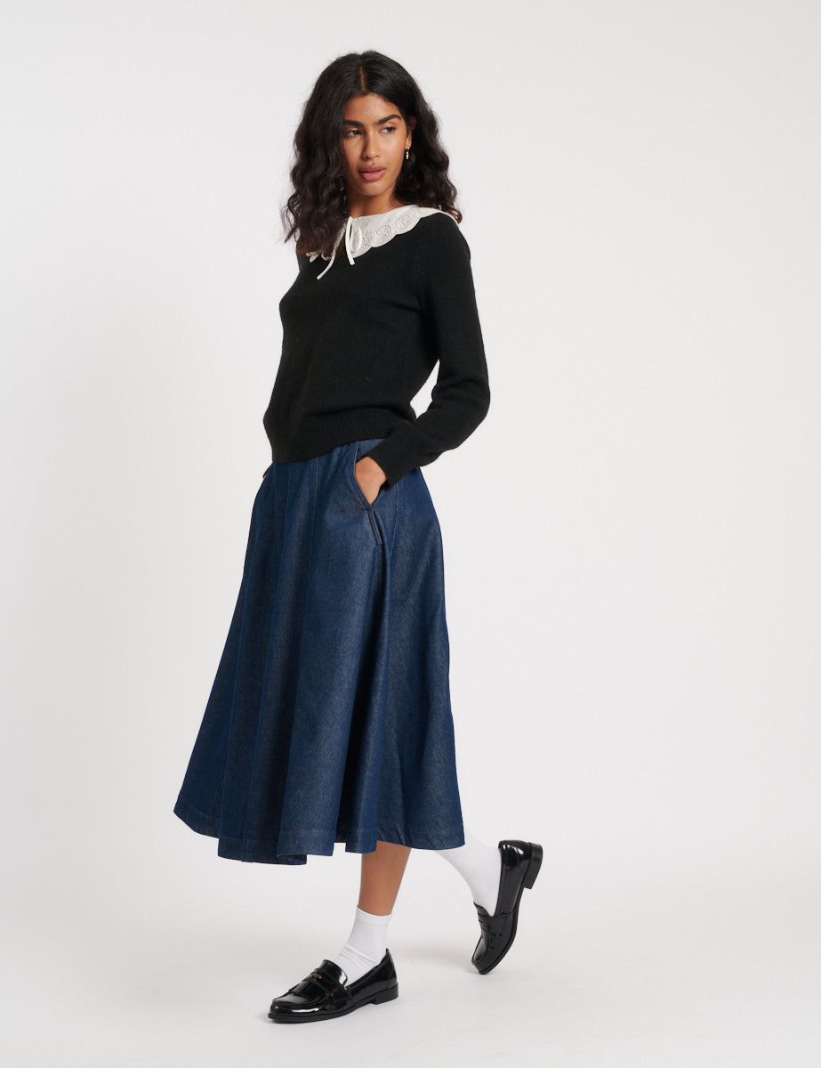 Dark Wash Denim A-line Midi Skirt