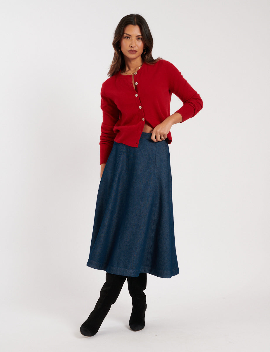 Dark Wash Denim A-line Midi Skirt