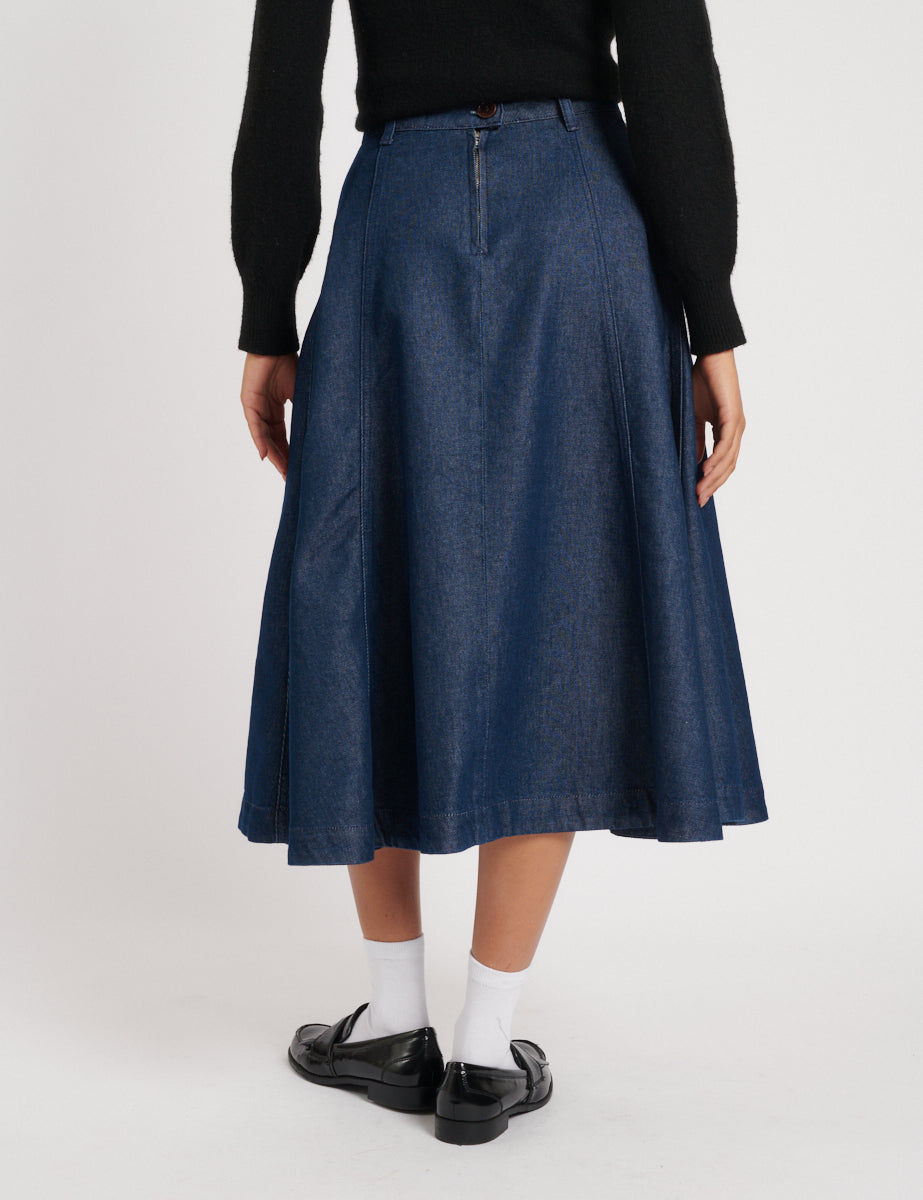 Dark Wash Denim A-line Midi Skirt