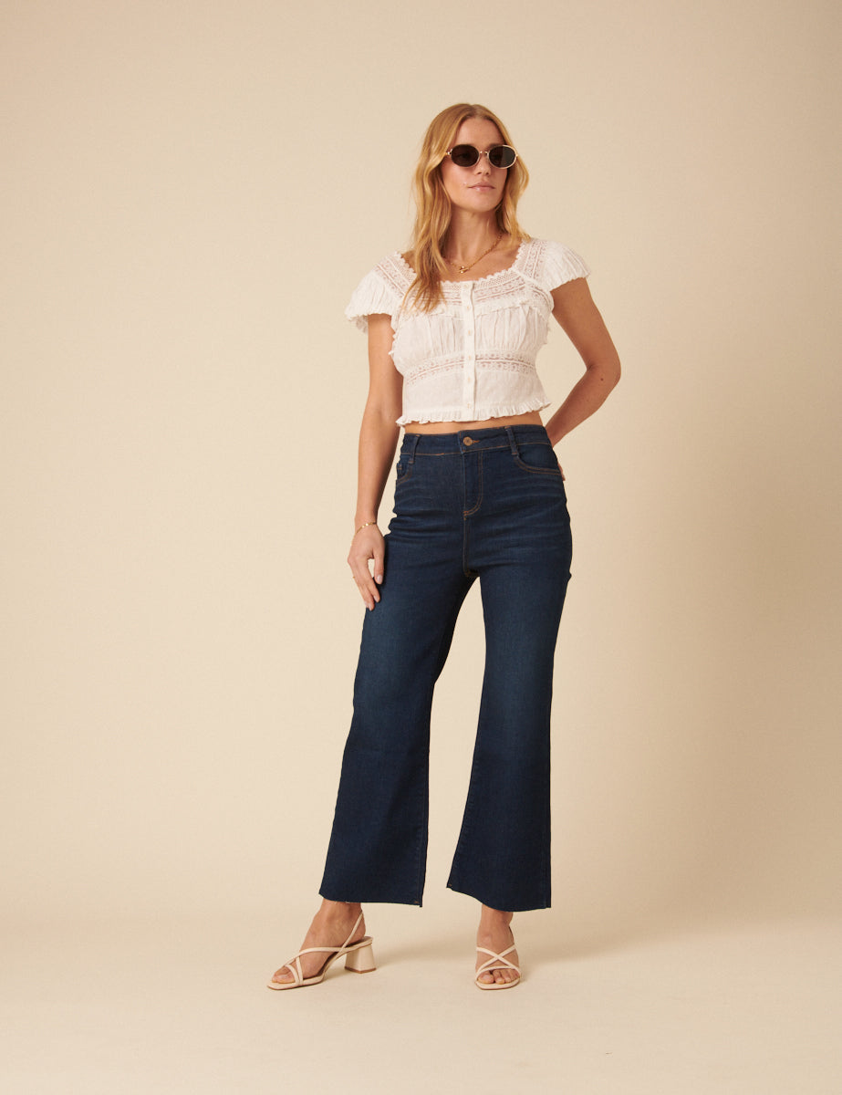 Dark Wash Denim Cropped Kick Flare Jeans