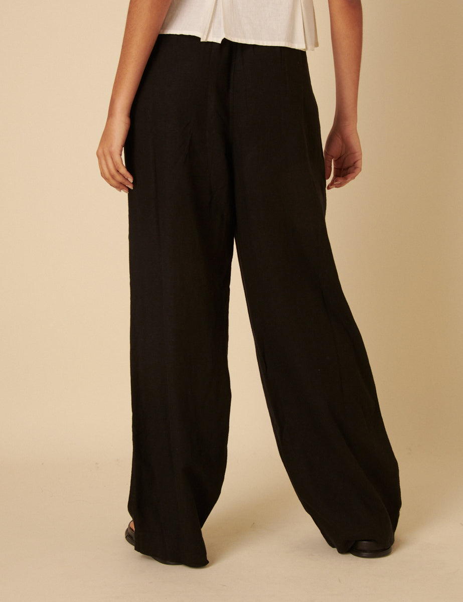 Black Linen-blend Drawstring Wide Leg Trousers