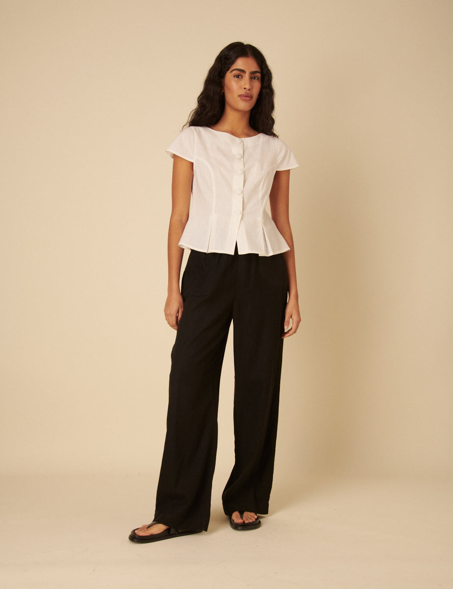 Black Linen-blend Drawstring Wide Leg Trousers