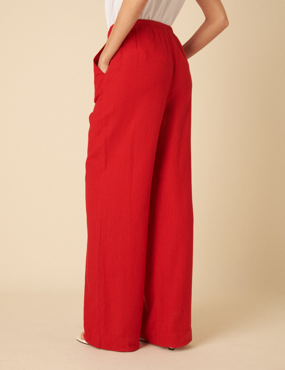 Red Linen-blend Relaxed Trousers