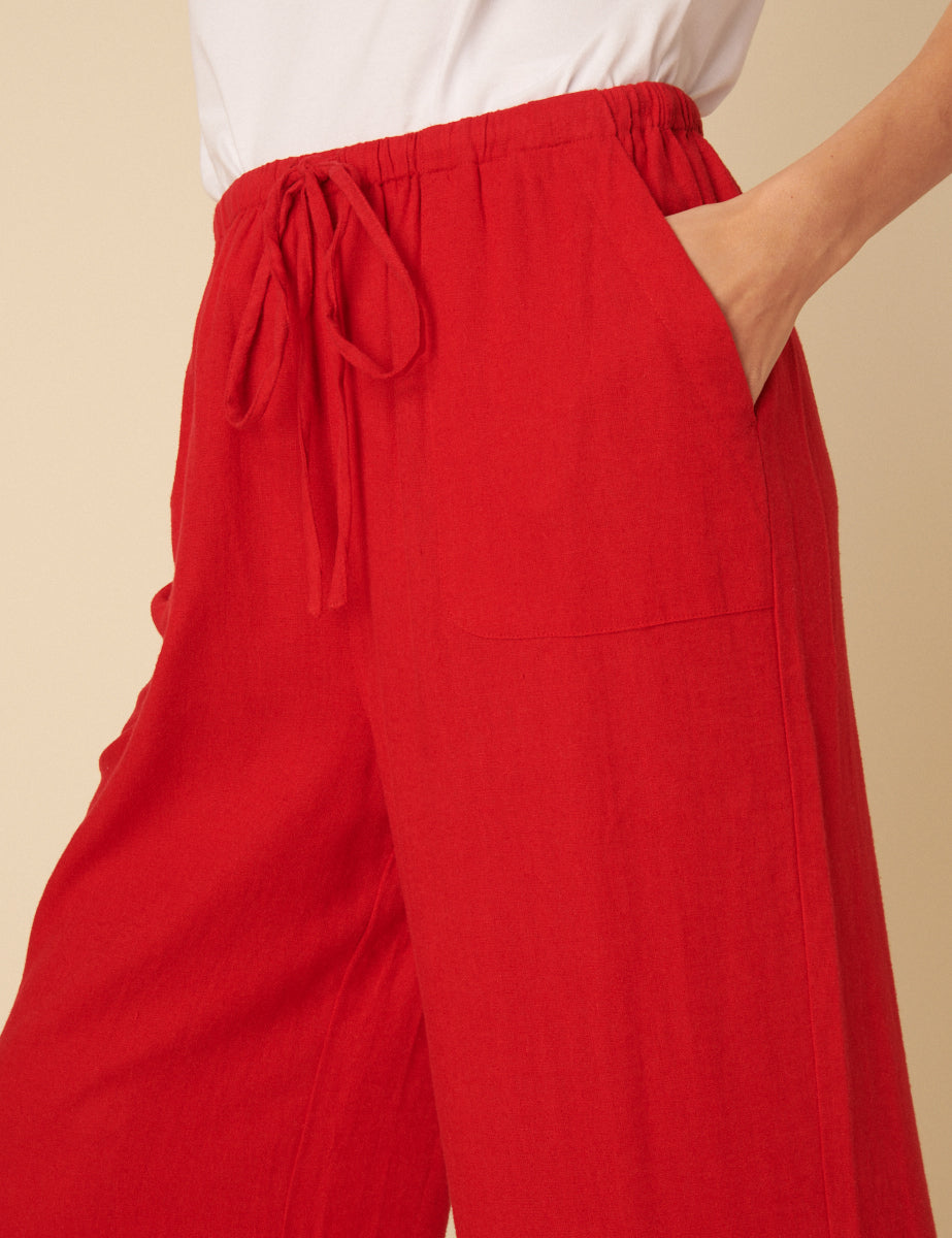 Red Linen-blend Relaxed Trousers