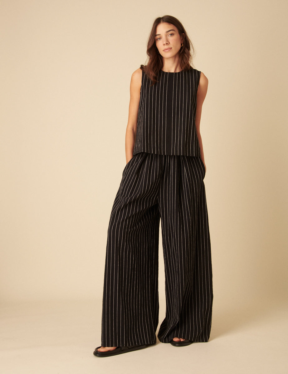 Black Pinstripe Relaxed Wide Leg Trousers