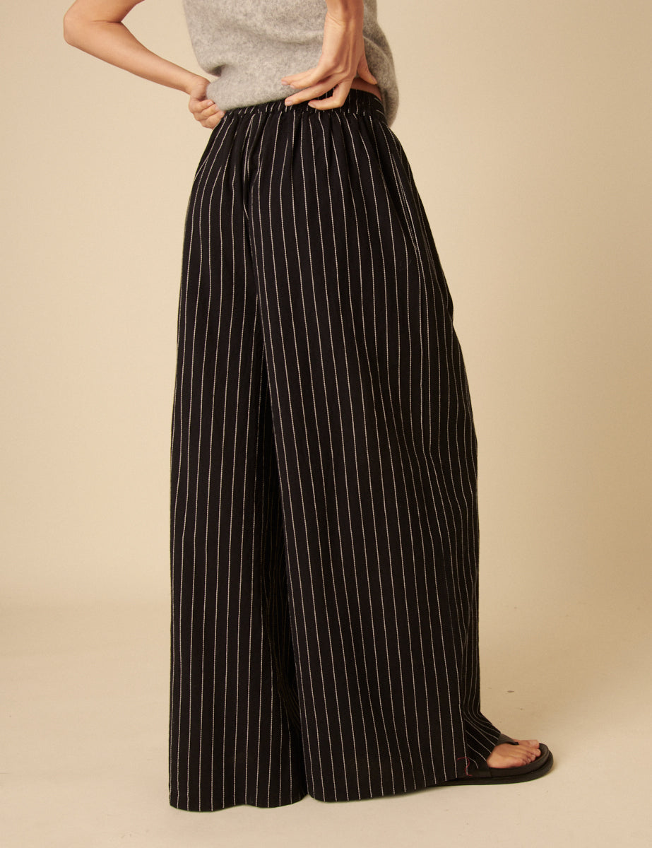 Black Pinstripe Relaxed Wide Leg Trousers