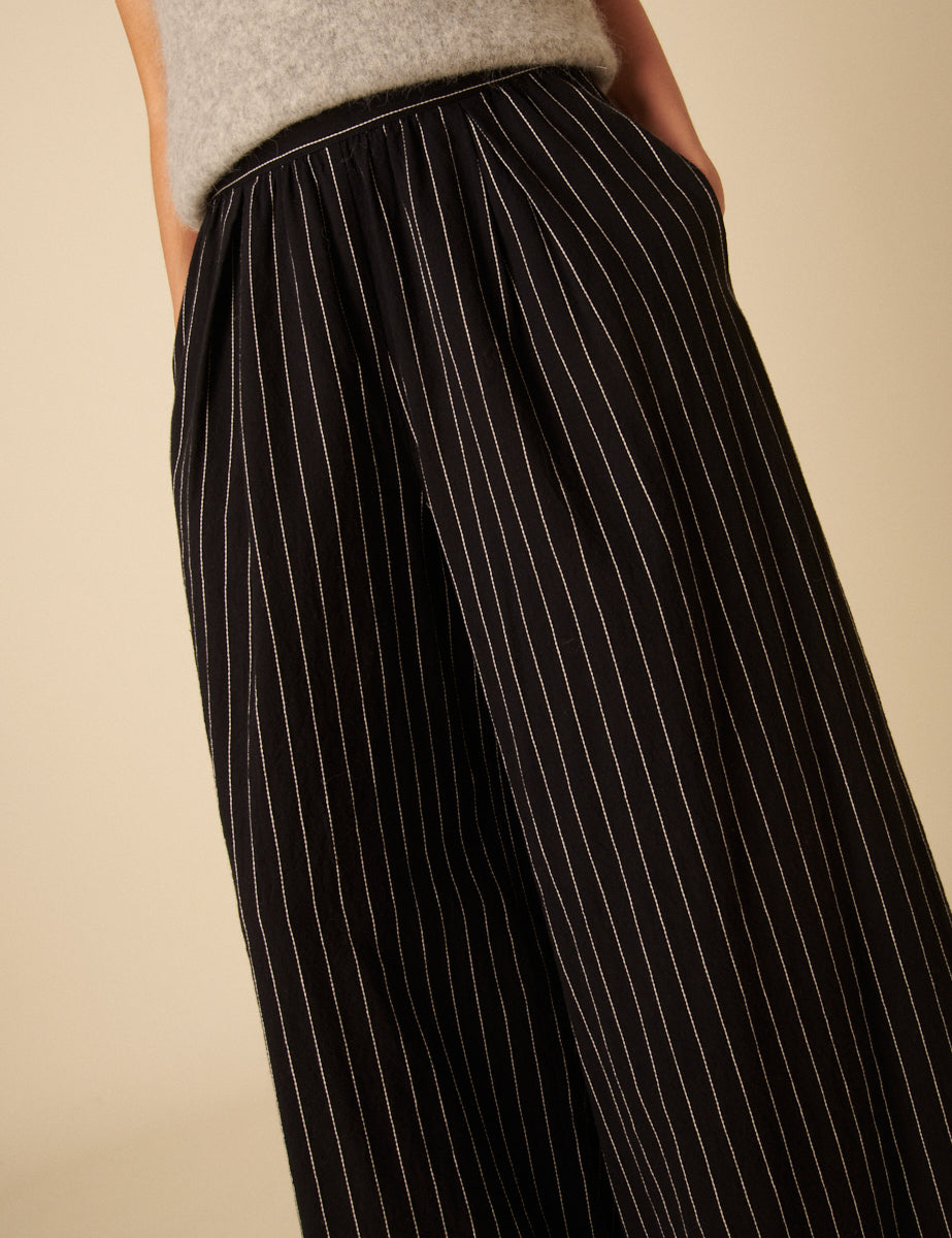 Black Pinstripe Relaxed Wide Leg Trousers