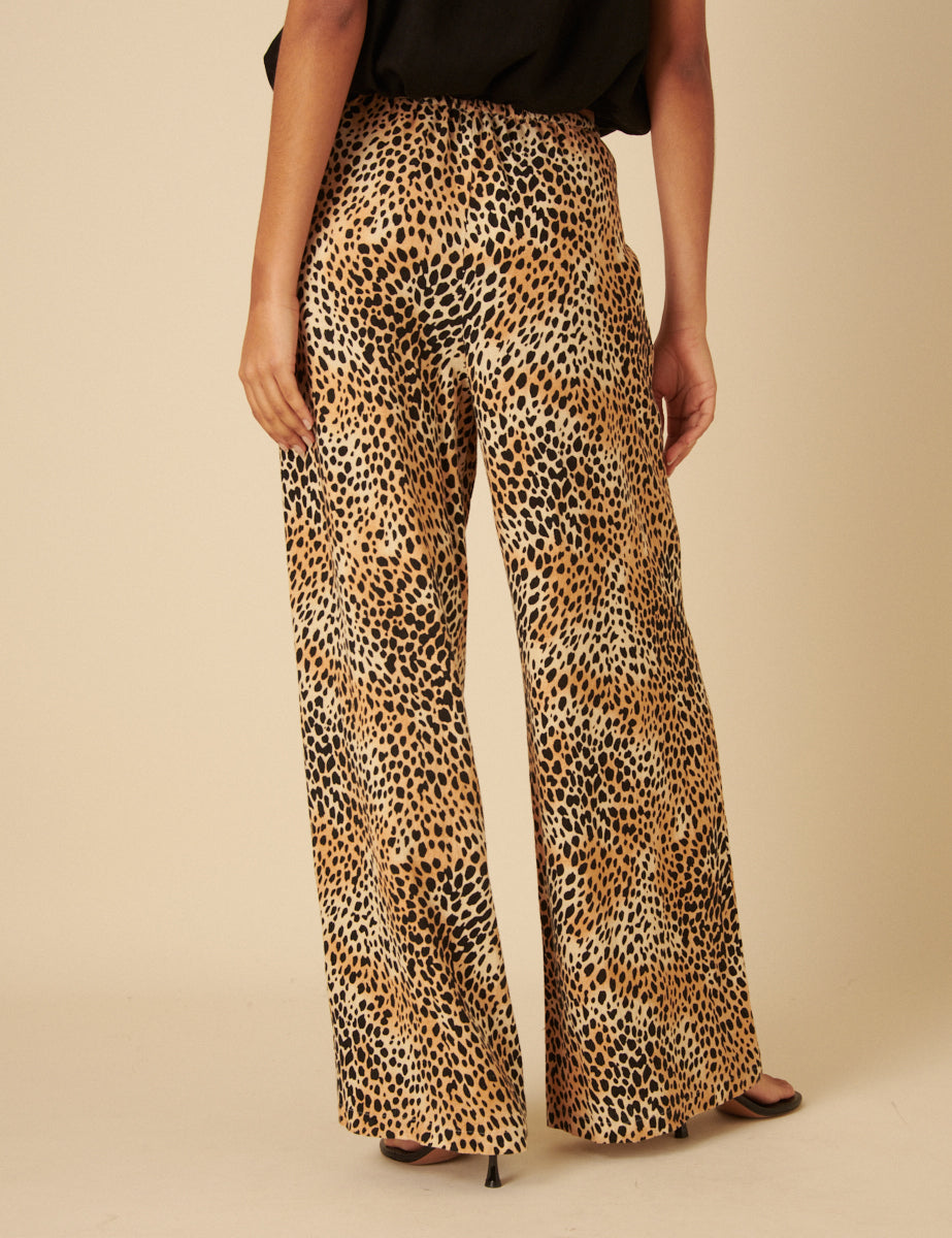 Leopard Print Drawstring Linen-blend Trousers