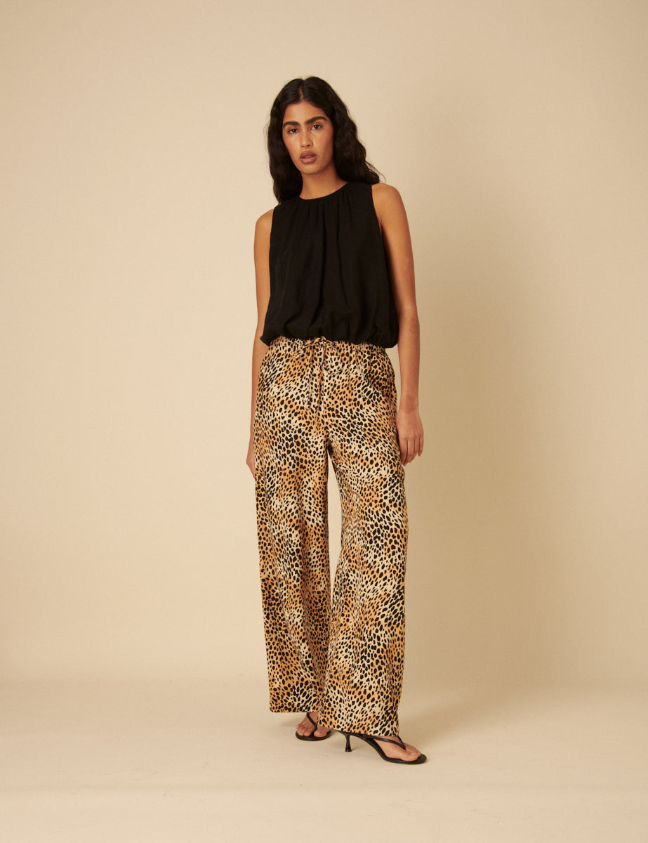 Leopard Print Drawstring Linen-blend Trousers