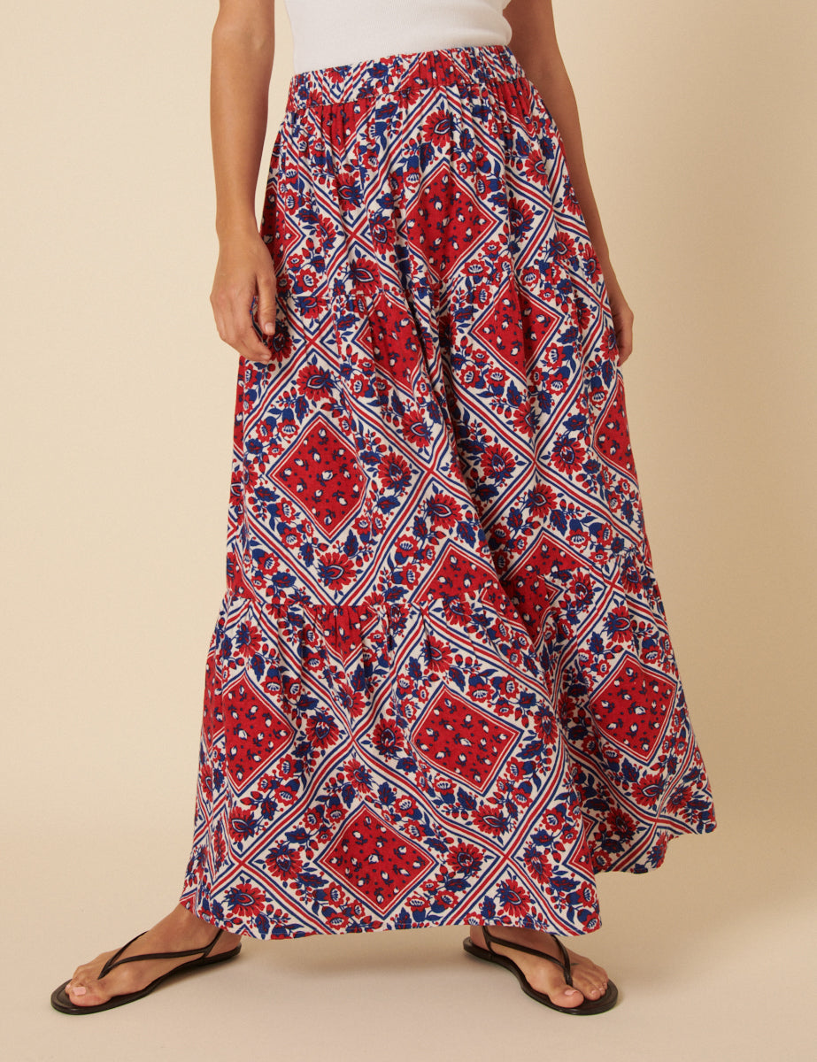 Red Linen-blend Printed Maxi Skirt