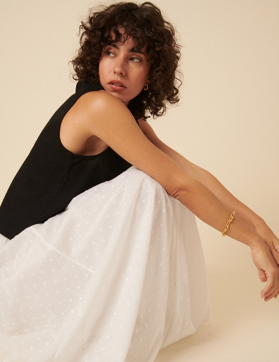White Textured Spot Midi Skirt