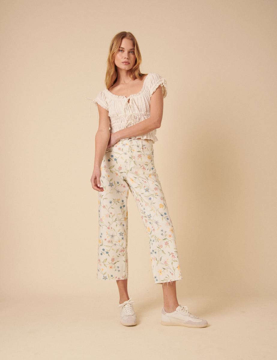 White Denim Floral Wide Leg Cropped Jeans