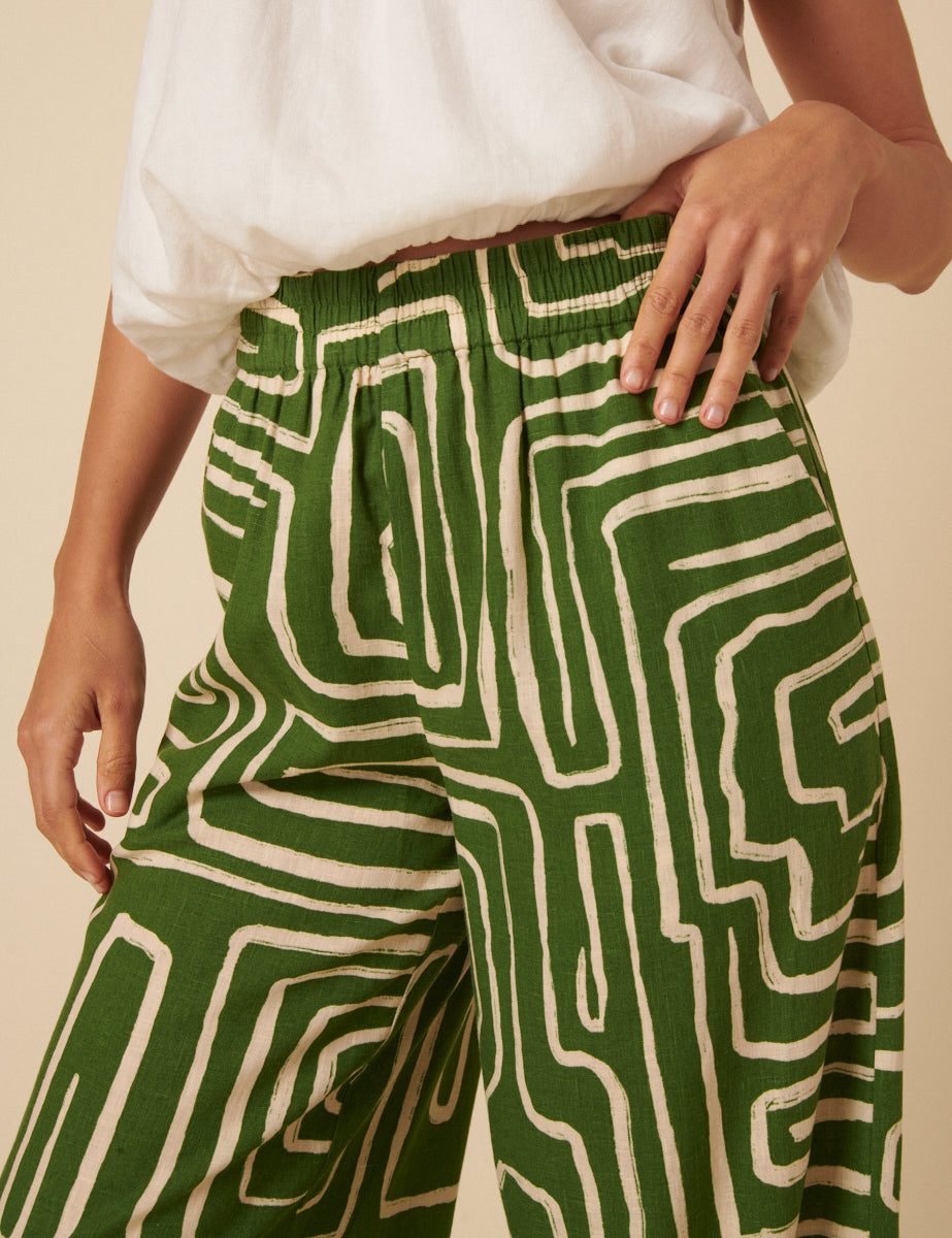 Green Abstract Print Linen-blend Misha Trousers