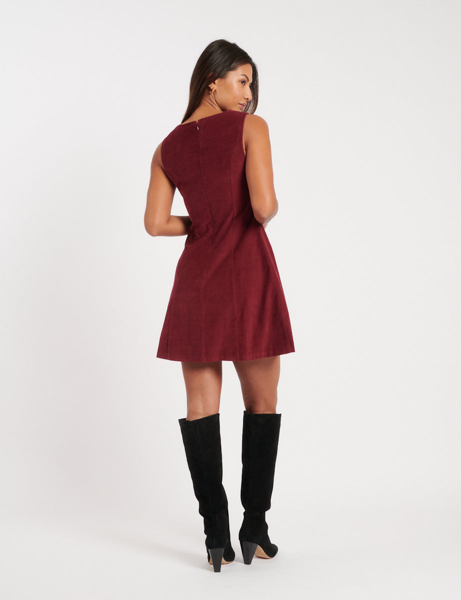 Burgundy Cord Boston Mini Pinafore Dress