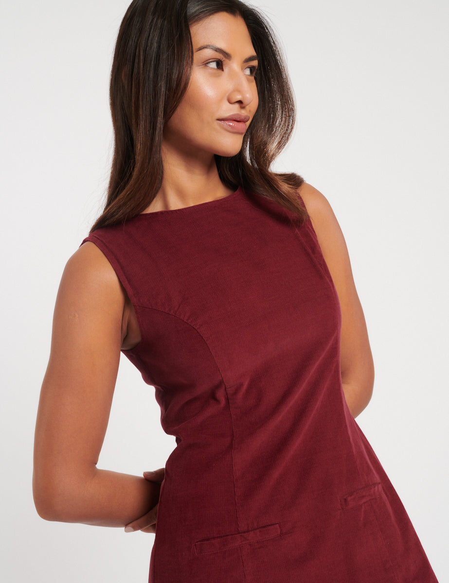 Burgundy Cord Boston Mini Pinafore Dress