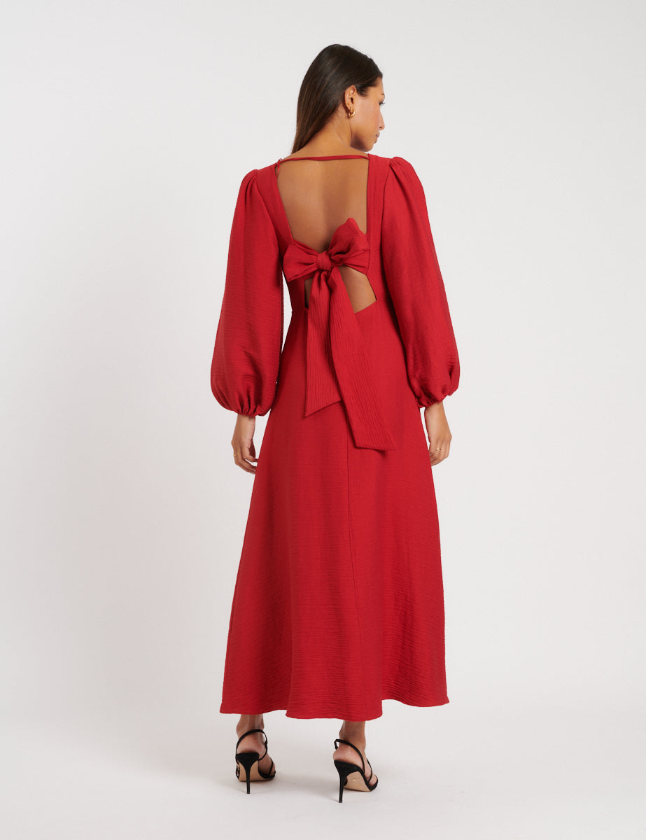 Red Puff Sleeve Zola Midi Dress