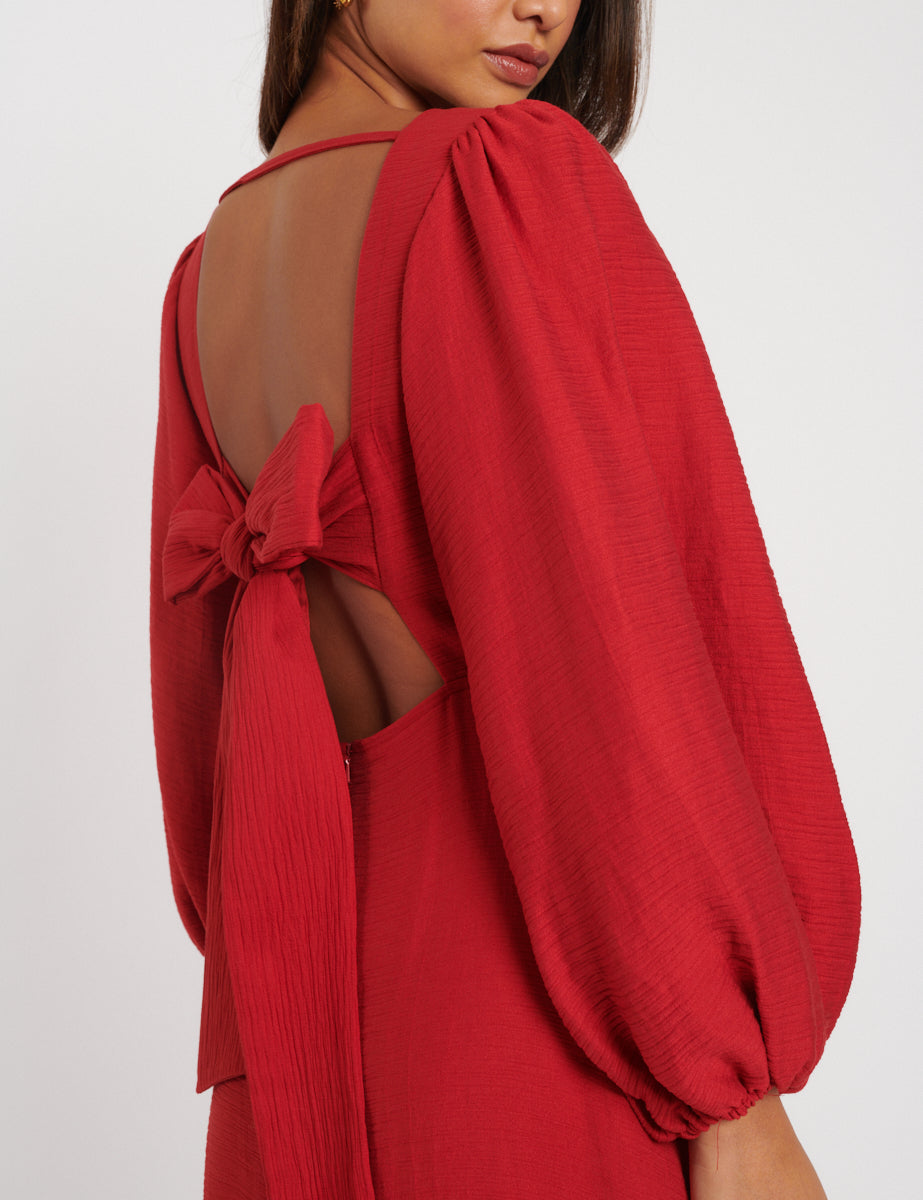 Red Puff Sleeve Zola Midi Dress