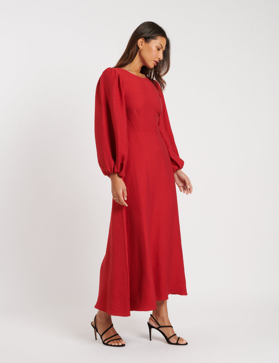 Red Puff Sleeve Zola Midi Dress